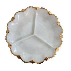 Vintage Anchor Hocking Fire King Divided Relish Egg Dish Milk Glass 22K Gold Tri